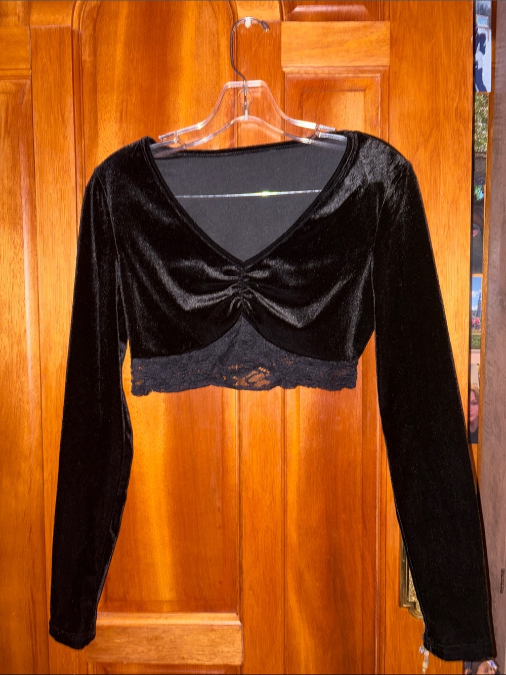 Black Velvet Long Sleeve Cropped Blouse with Lace Trim